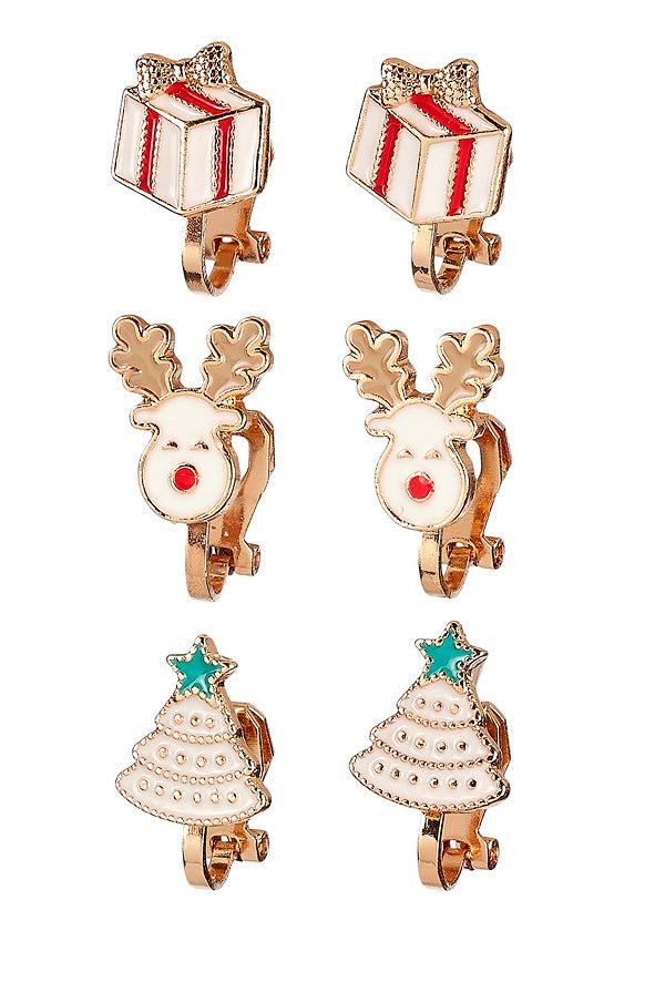 Weihnachtliche Ohrringclips mit Geschenk-, Rentier- und Weihnachtsbaum-Motiven, 6-teilig Set