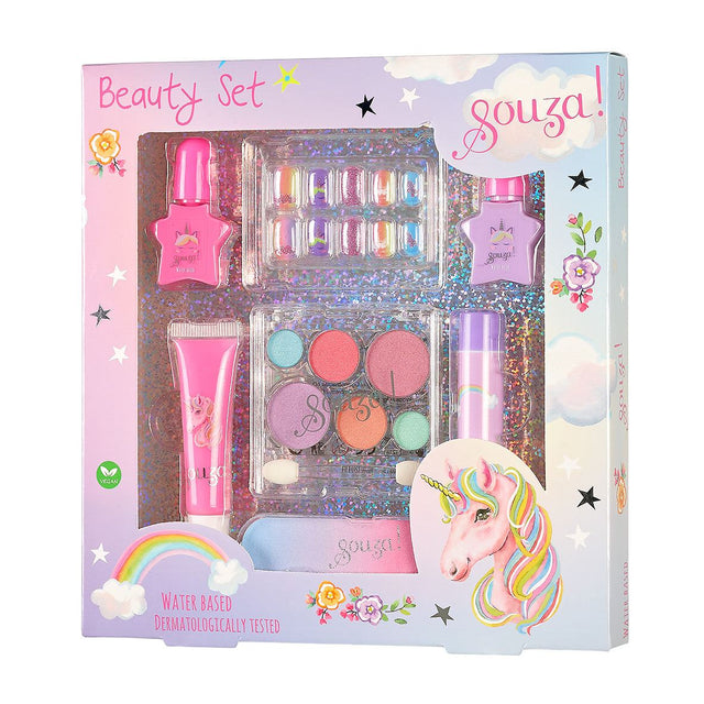 Veganes Beauty-Set für Kinder mit Einhorn-Motiv, veganer Kinderschminke, Lidschatten, Lipgloss, Nagellack und künstlichen Nägeln