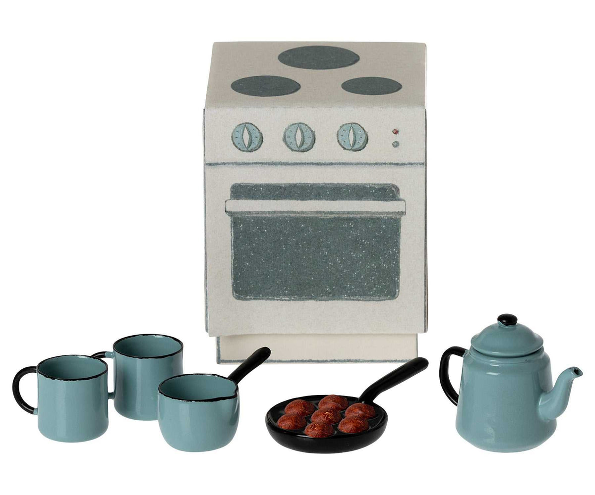 Puppenhaus Madame Blues Kaffee Set mit Dose, Tassen, Topf und Pfanne in Ofen-Box aus Metall und Pappe