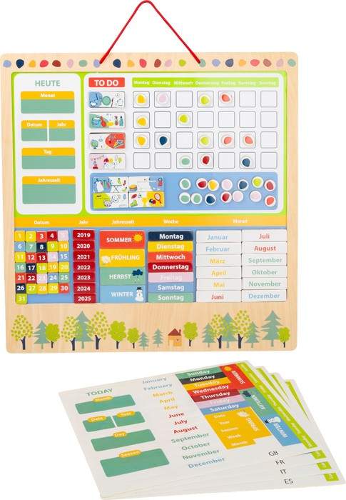 Magnetischer Wochenplaner für Kinder aus FSC-Holz mit bunten Symbolen und Sprachaufklebern