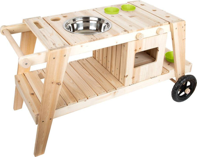 Kinder Matschküche aus massivem Holz mit Backofen und Pflanztöpfen für kreatives Spielen im Garten