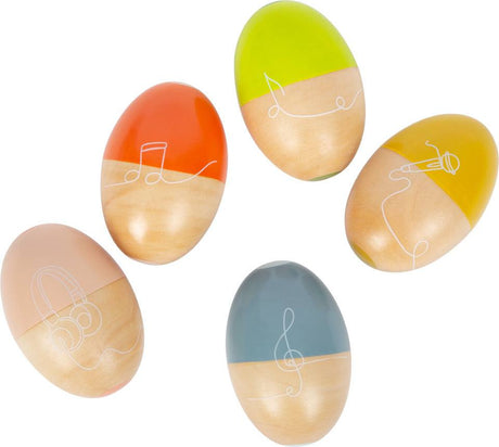 Set of five wooden Musikeier Groovy Beats shaker eggs for kids' rhythmic play and musical education