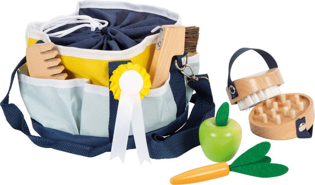 Pferdepflege-Set mit Tasche aus Holz und Stoff für Kinder mit Bürsten, Hufkratzer und Turnierschleife