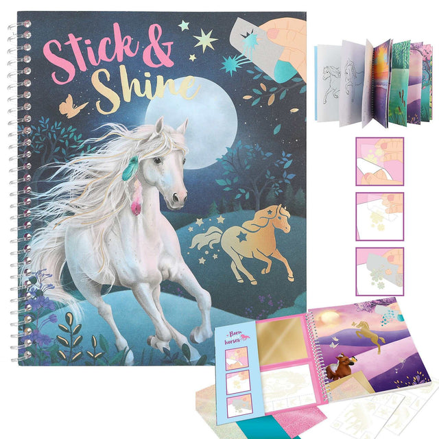 Miss Melody Malbuch Stick & Shine with horse-themed coloring pages, tattoo stickers, and glitter foil accents for creative fun.