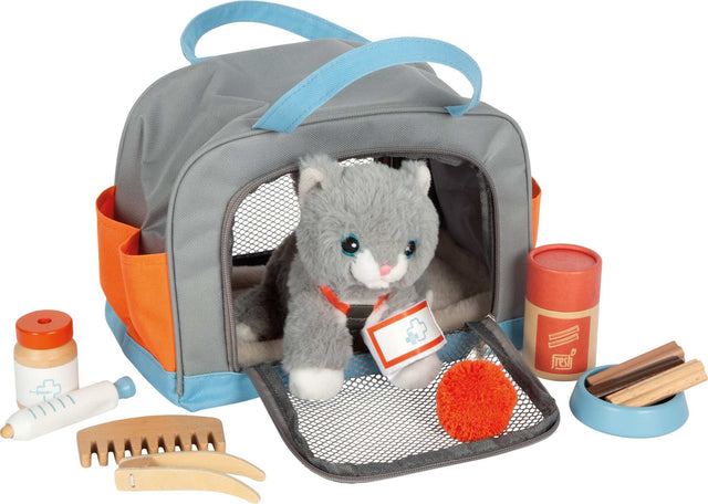Katze mit Tasche und Pflege-Set für kindliches Rollenspiel