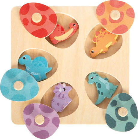 Setzpuzzle und Memo Dino aus Holz mit bunten Dinosauriereiern und Figuren für Kleinkinder