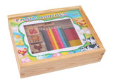 Stempel-Set Farmtiere mit Tierstempeln, Stempelkissen und Buntstiften im Holzkasten für kreative Bauernhofmotive