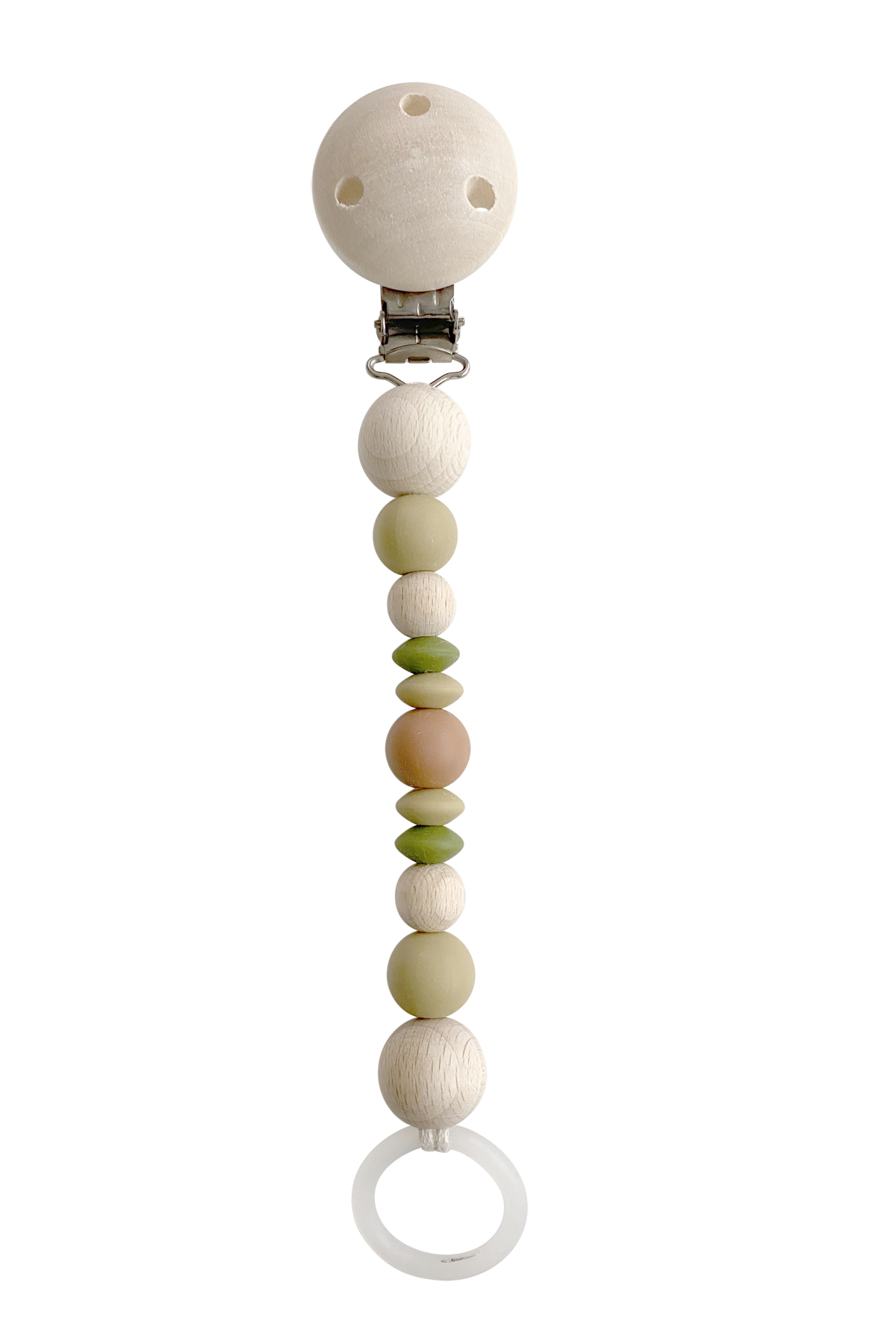 Schnullerkette Earth mit PEFC-zertifizierten Holz- und Silikonperlen in Olive, sicher und natürlich für Babys.