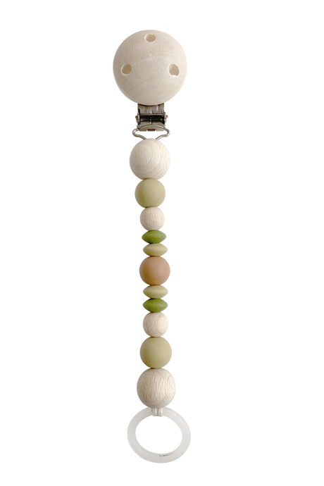 Schnullerkette Earth mit PEFC-zertifizierten Holz- und Silikonperlen in Olive, sicher und natürlich für Babys.