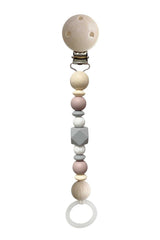 Schnullerkette Silber mit PEFC-zertifizierten Holz- und Silikonperlen in Grau und Rose, 16 cm lang