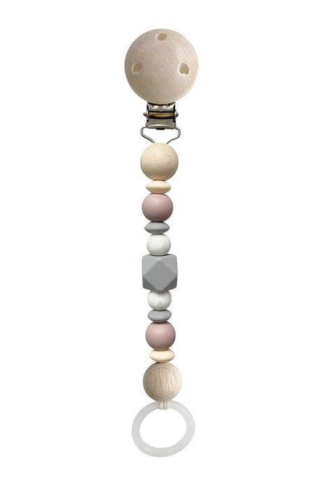 Schnullerkette Silber mit PEFC-zertifizierten Holz- und Silikonperlen in Grau und Rose, 16 cm lang
