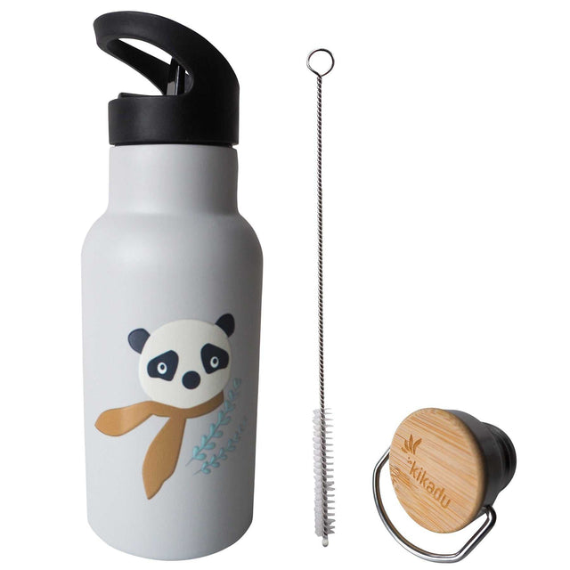 Trinkflasche Panda aus Edelstahl in Silber-Grau mit niedlichem Tiergesicht, 350 ml, für Kinder ab 3 Jahren