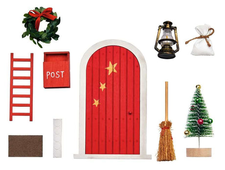 Wichteltür Set aus Holz mit weihnachtlicher Dekoration für skandinavischen Weihnachtszauber