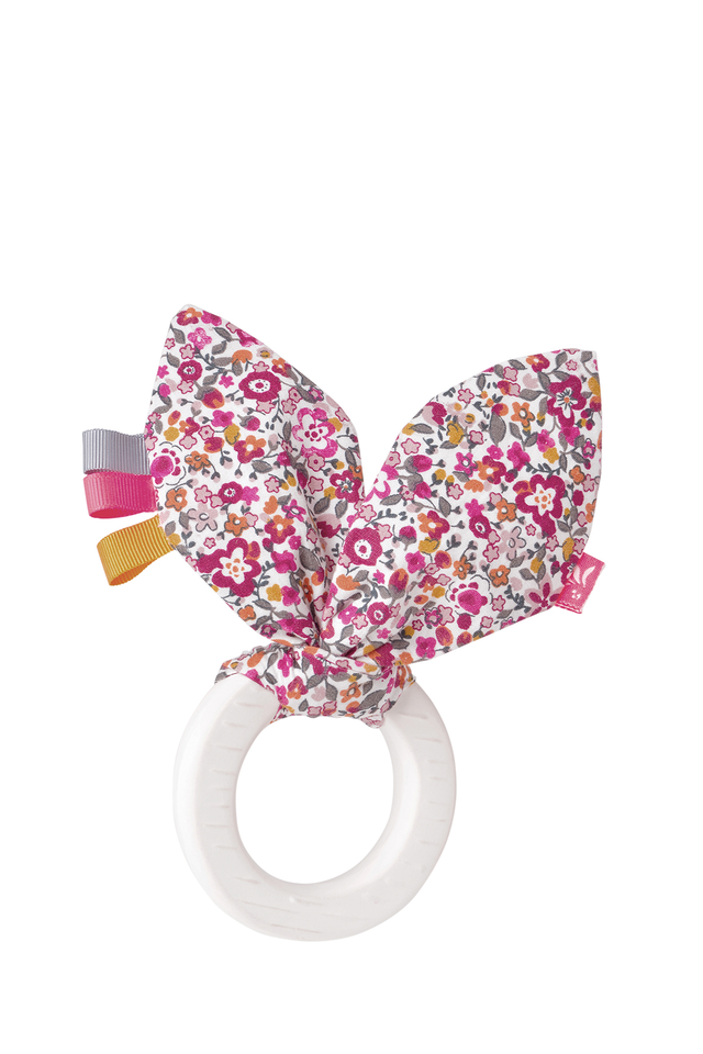 Beißring mit Schnuffelohren aus Naturkautschuk mit Blumenprint und Bio-Baumwollhörnchen beim Zahnen