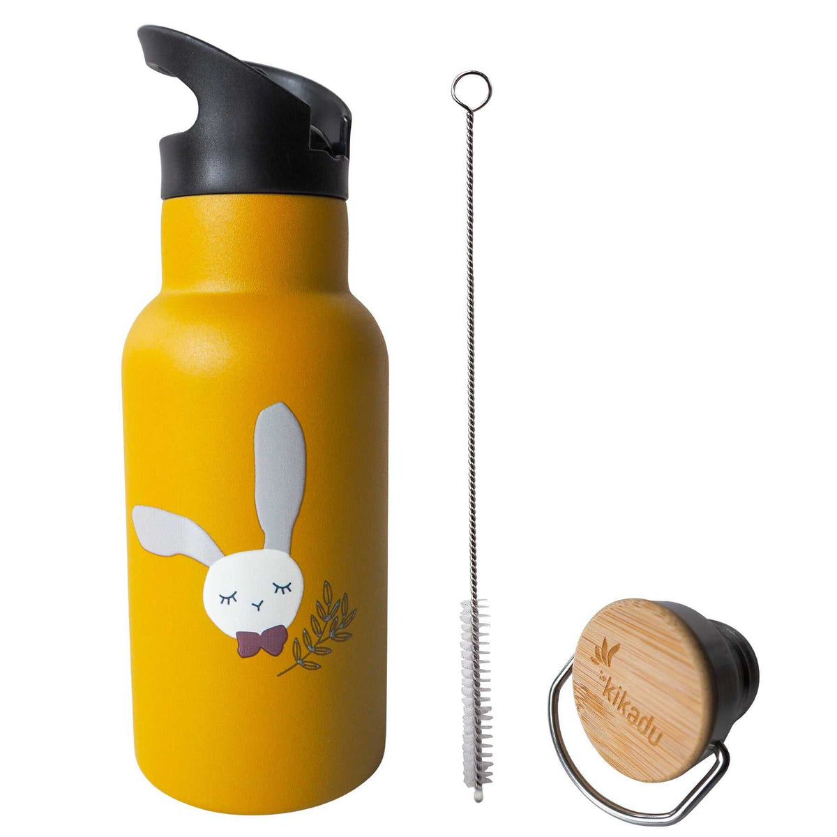 Trinkflasche Hase Mustard aus Edelstahl mit doppelwandiger Isolierung und zwei Trinkverschlüssen für Kinder.