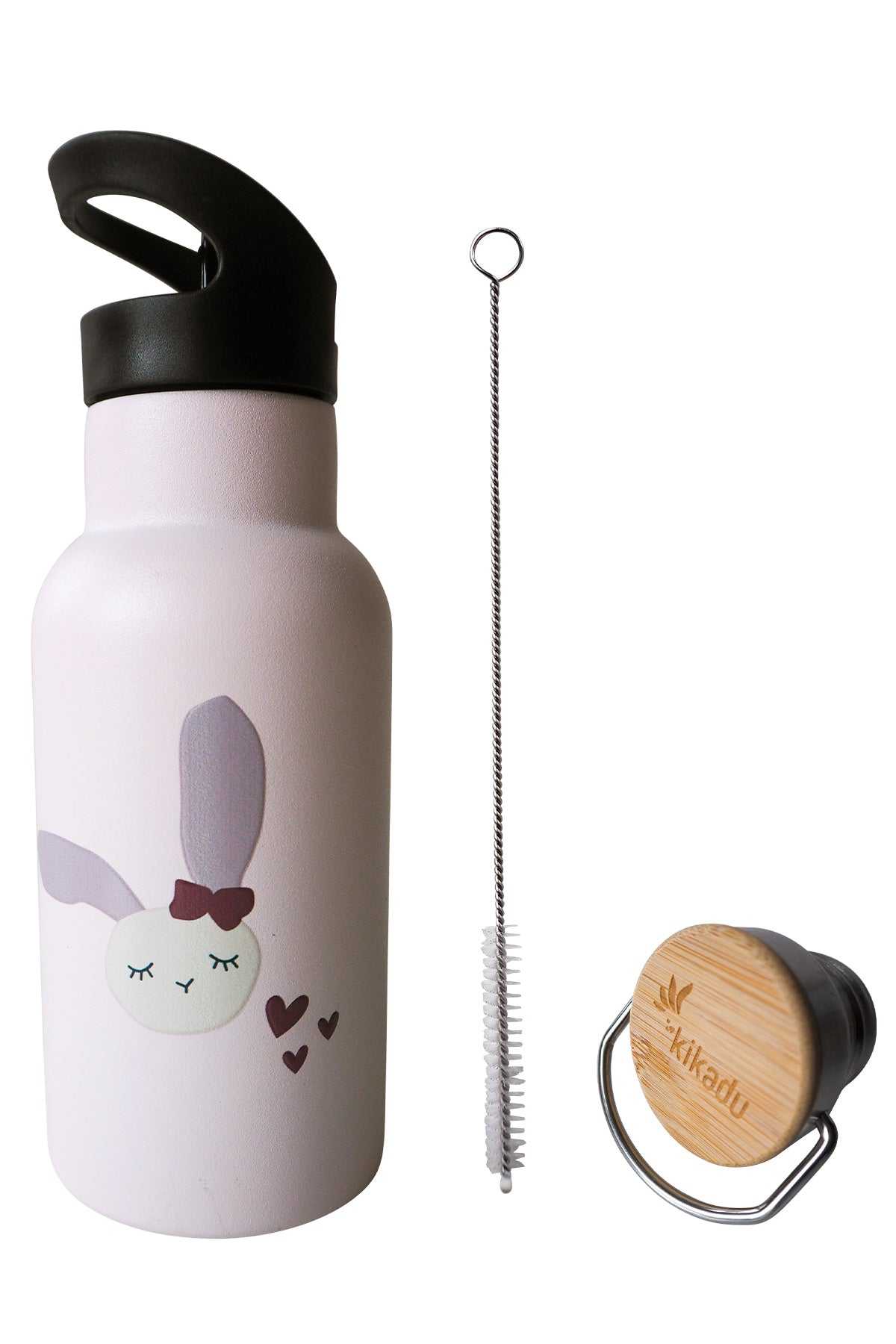 Trinkflasche Hase Rosé aus Edelstahl mit niedlichem Tiergesicht, doppelwandig, 350 ml, für Kinder ab 3 Jahren.