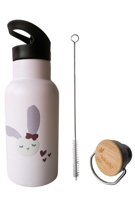 Trinkflasche Hase Rosé aus Edelstahl mit niedlichem Tiergesicht, doppelwandig, 350 ml, für Kinder ab 3 Jahren.