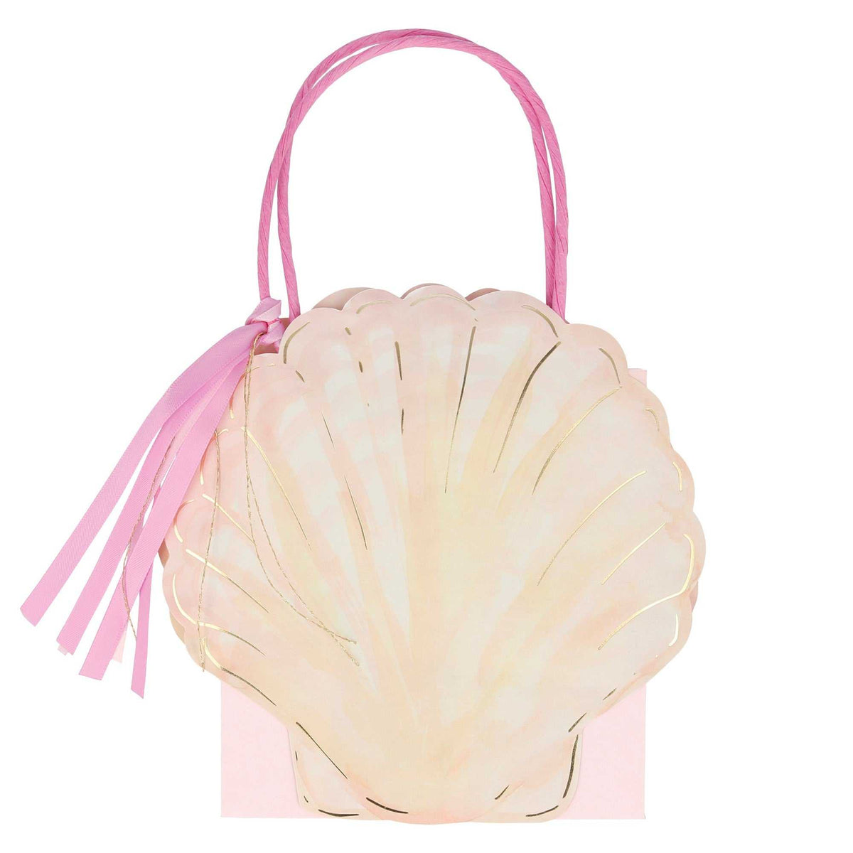 Muscheltasche aus umweltfreundlichem Papier mit pinken Papiergriffen, goldmetallischem Faden, rosa Satinbändern und schimmerndem Muscheldesign, 8 Stück