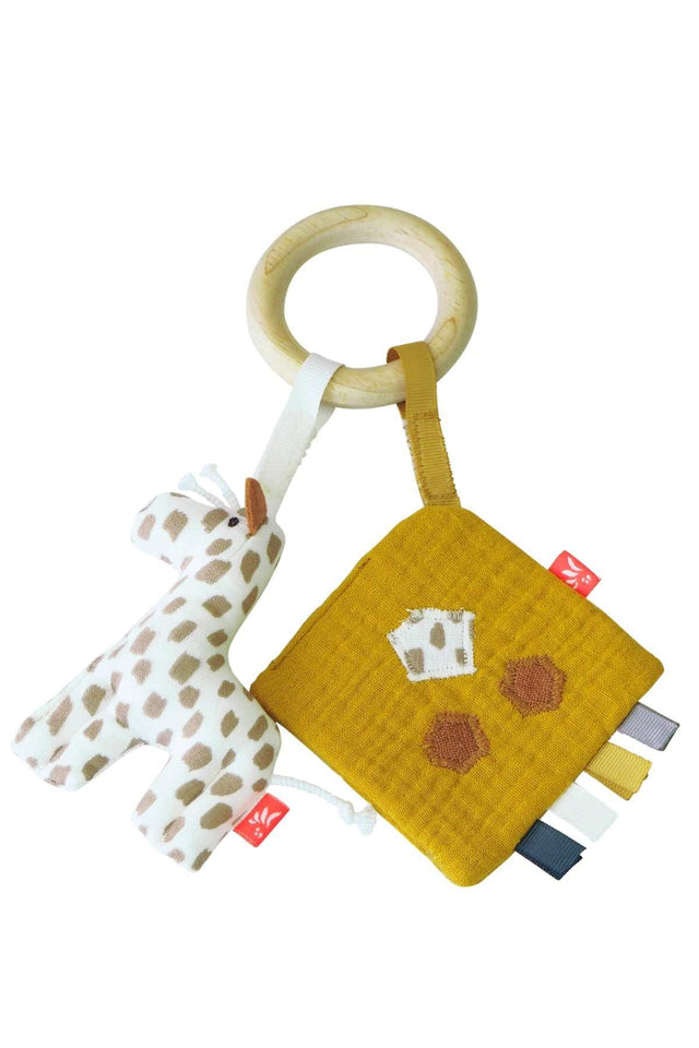 Beißring mit Giraffe, Knistertuch und Rassel für Babys ab 3 Monate