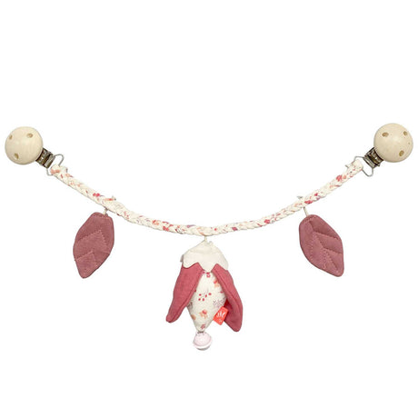 Kinderwagenkette Blümchen mit bunten Tierchen und Holzperlen, fördert Sinne und haptisches Entdecken, Clip-Verschluss, 100% Baumwolle und BPA-freies Silikon