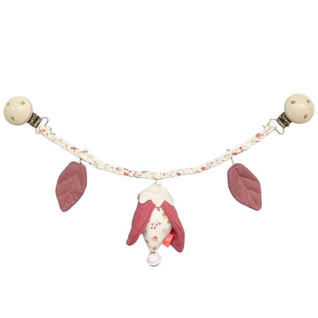 Kinderwagenkette Blümchen mit bunten Tierchen und Holzperlen, fördert Sinne und haptisches Entdecken, Clip-Verschluss, 100% Baumwolle und BPA-freies Silikon
