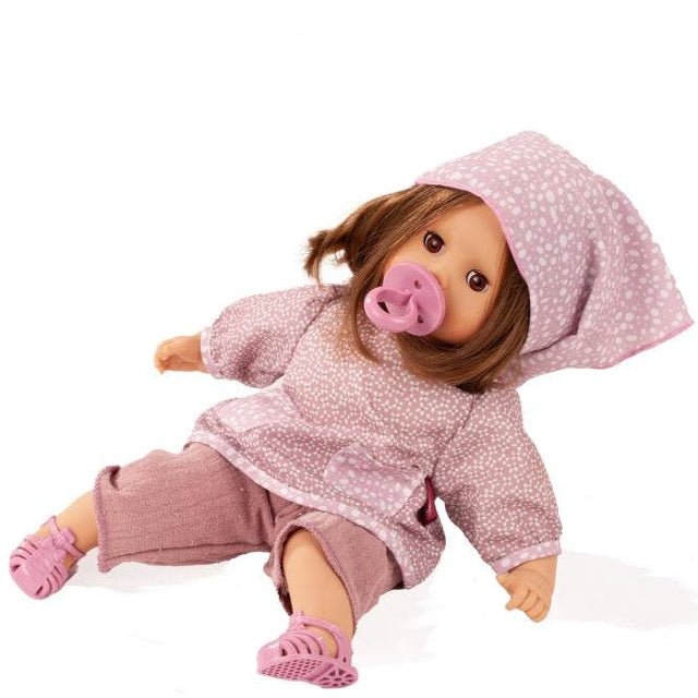 Babypuppe Muffin in blauer Schlafaugen, Sommeroutfit mit Kopftuch und Sandalen, 33 cm groß