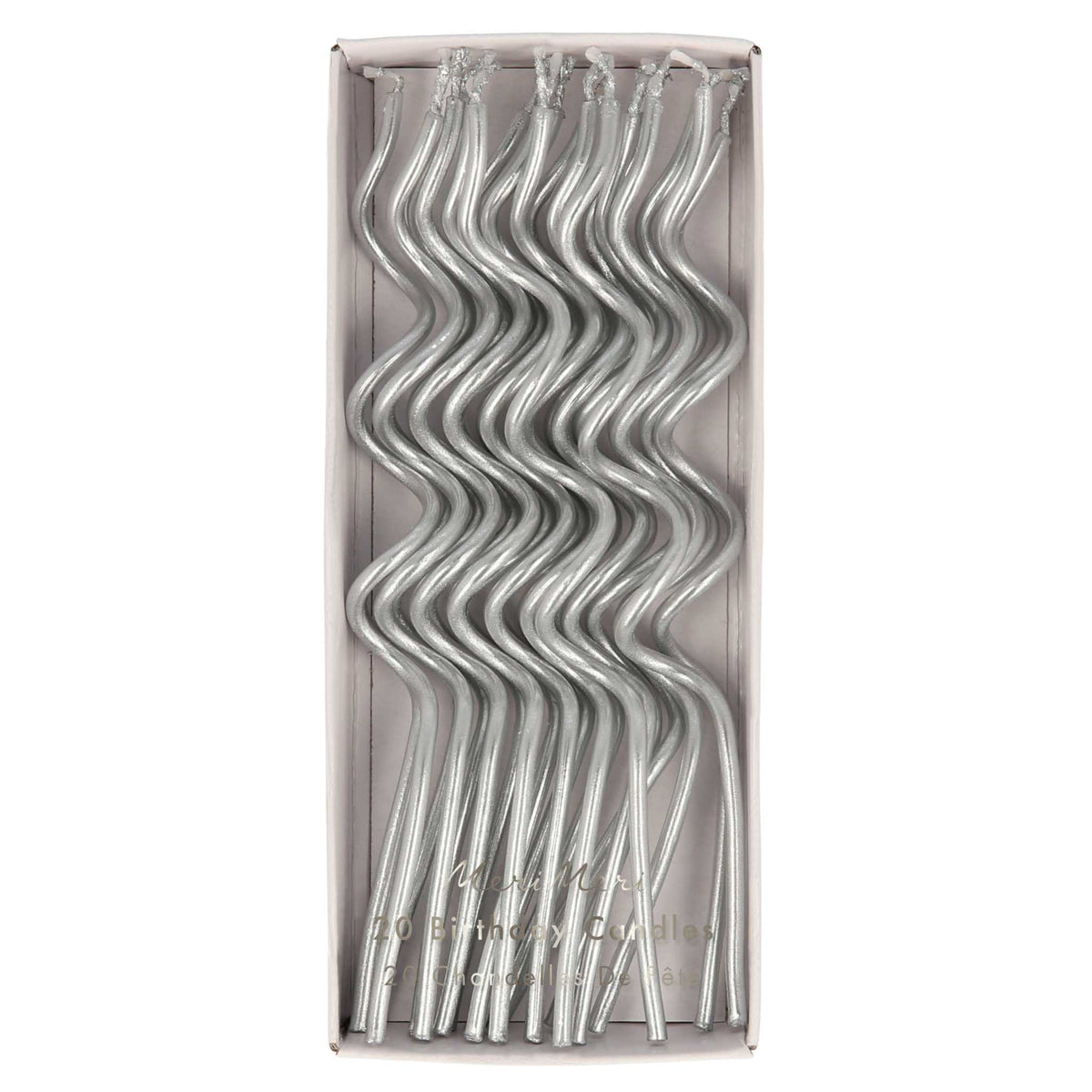 Silberne Swirly Kerzen in wirbelförmiger Form von Meri Meri, 20 Stück, 5 Zoll hohe festliche Kerzen für Torten