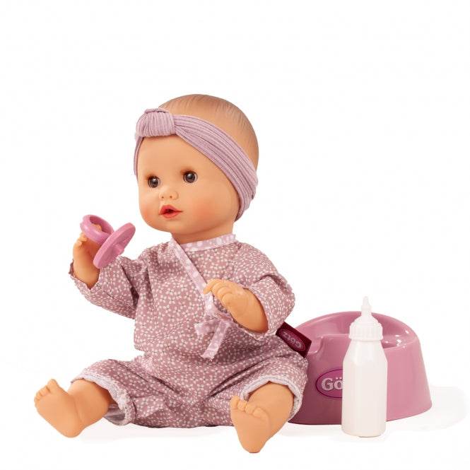 Sleepy Aquini Babypuppe mit Overall, Stirnband, Schnuller und Fläschchen, ideal für Kinder ab 18 Monaten