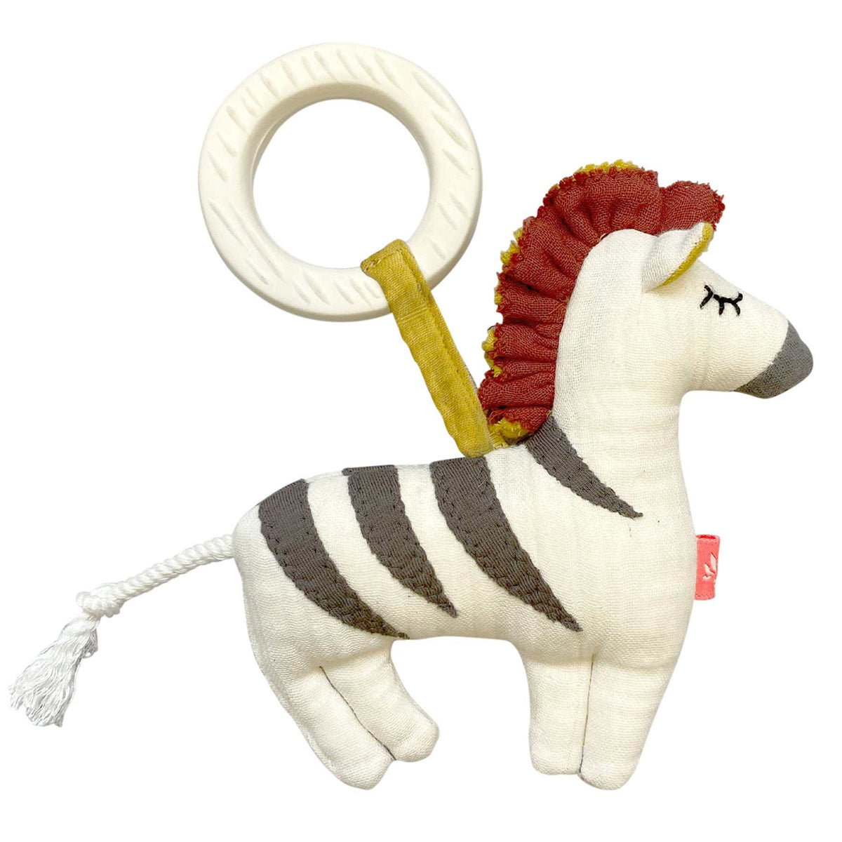 Beißring mit Zebra aus Bio Baumwolle und Klettverschluss zum Befestigen am Kinderwagen, 20x20x3cm, für Babys ab 3 Monaten