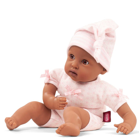 Muffin to dress soft-bodied baby doll with vinyl limbs and brown eyes from Götz Puppenwelt, 33 cm tall