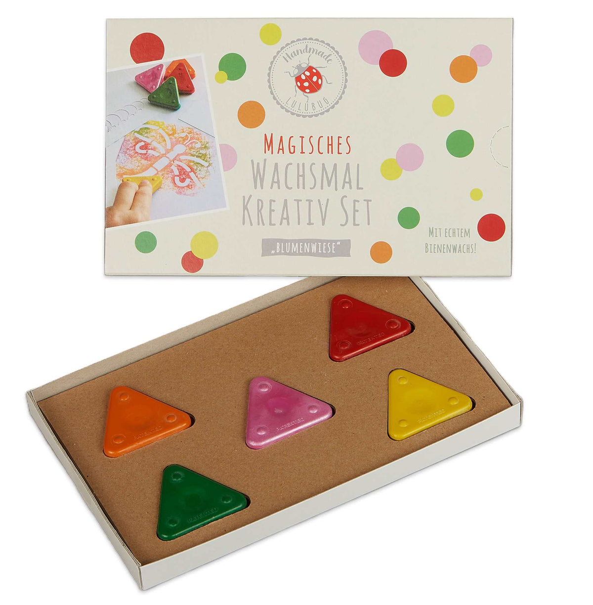Magisches Wachsmal-Kreativ Set mit bunten Wachsmal-Dreiecken und Schablonen für kreative Kinderkunst