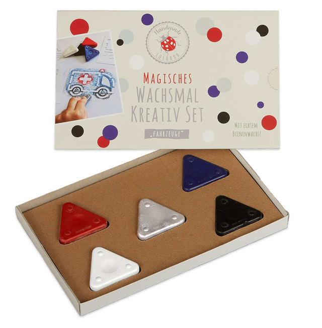 Magisches Wachsmal- Kreativ Set Fahrzeuge mit Wachsmal-Dreiecken und Schablonen von Lulubug