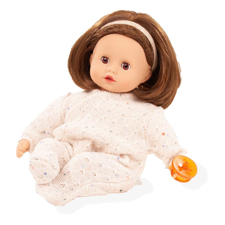 Muffin Babypuppe mit weichem Stoffkörper, Strickoverall und Haarband, 33 cm groß