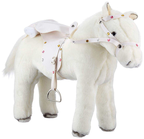 Plüschpony Pferd weißer Blitz mit Soundmodul, Glitzersattel und Zaumzeug, biegsam und posierbar, ideal für Puppen bis 50 cm