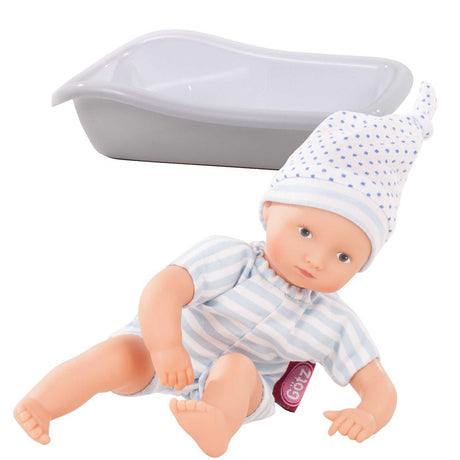 Mini Aquini Badepuppe mit blau gestreiftem Stoffkörper und gepunkteter Mütze, 22 cm, für Kinder ab 18 Monaten