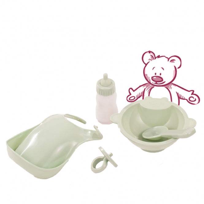 Set Yummi Babypuppen Essensset mit Teller, Löffel, Latz, Milchflasche und Schnuller für Kinder ab 3 Jahren