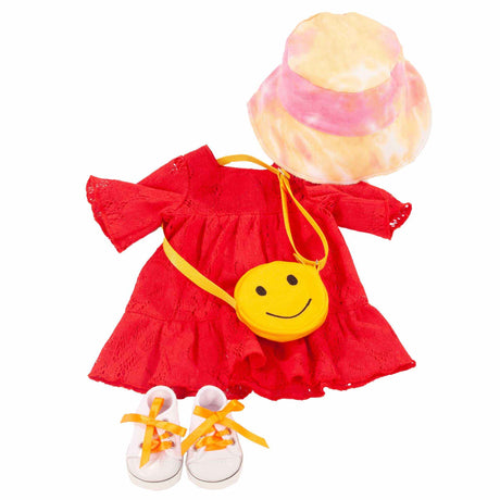 Rotes Kleid- Set mit Volants, Umhängetasche, Sommerhut und Turnschuh-Stiefeln für Puppen