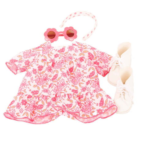 Puppen-Set 50cm mit geblümtem Sommerkleid, Booties, Haarreif und Blumen-Sonnenbrille