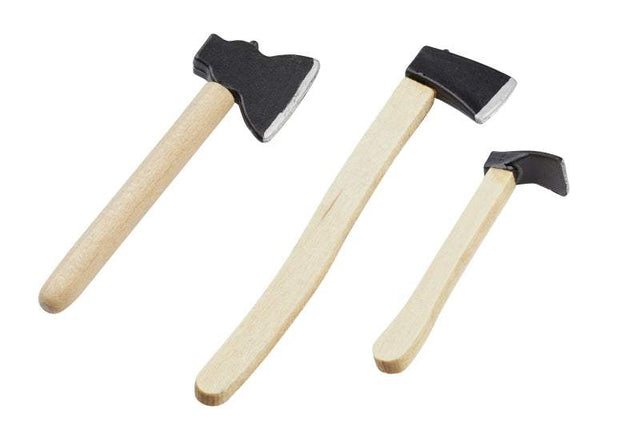 Wichtel Beil-Set mit drei kleinen Äxten zum Hacken von Feuerholz für den skandinavischen Weihnachtswichtel