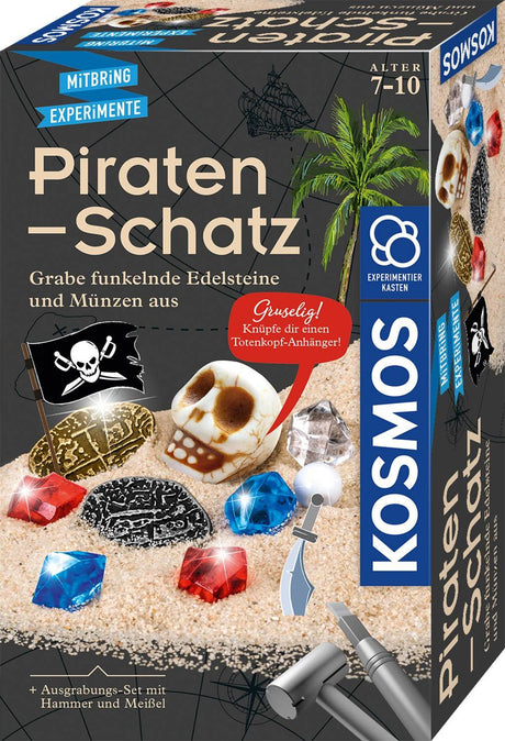 Kinder entdecken Piraten-Schatz im Gipsblock mit Hammer und Meißel, graben Münzen und Perlen aus