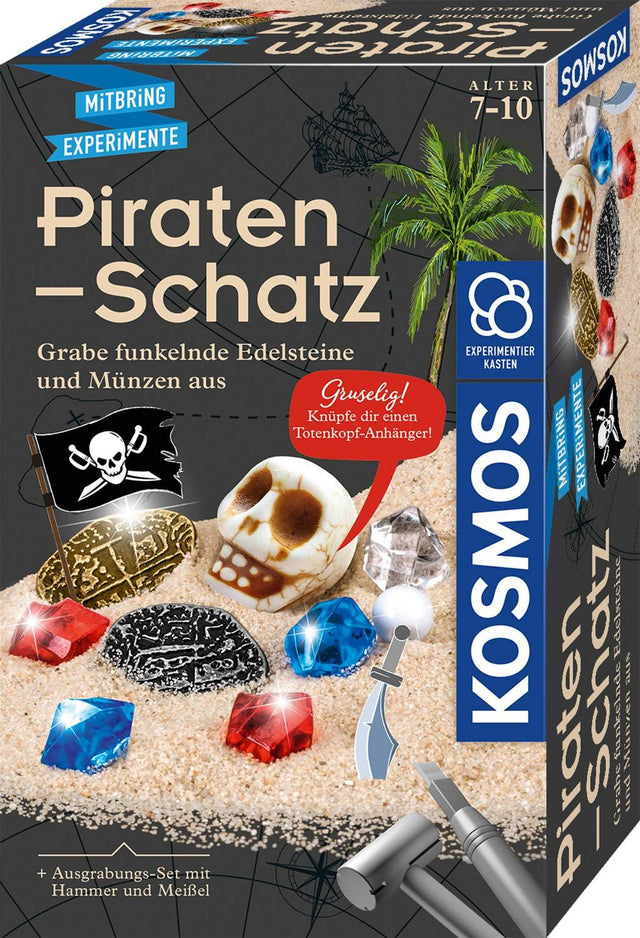 Kinder entdecken Piraten-Schatz im Gipsblock mit Hammer und Meißel, graben Münzen und Perlen aus