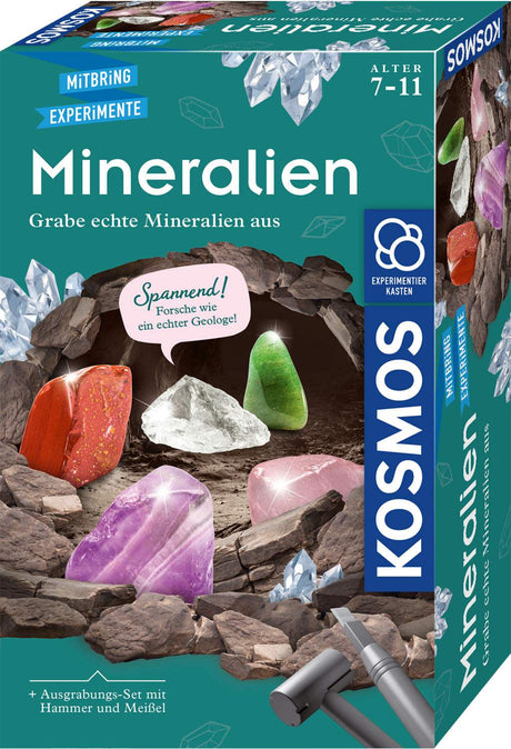 Kosmos Mineralien Set Kinder mit Hammer, Meißel und fünf farbenfrohen Mineralien im Gipsblock