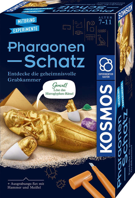 Pharaonen-Schatz Ausgrabungsset mit Gipsblock, goldenem Sarkophag, Kanopen, Edelsteinen und Werkzeug für Kinder