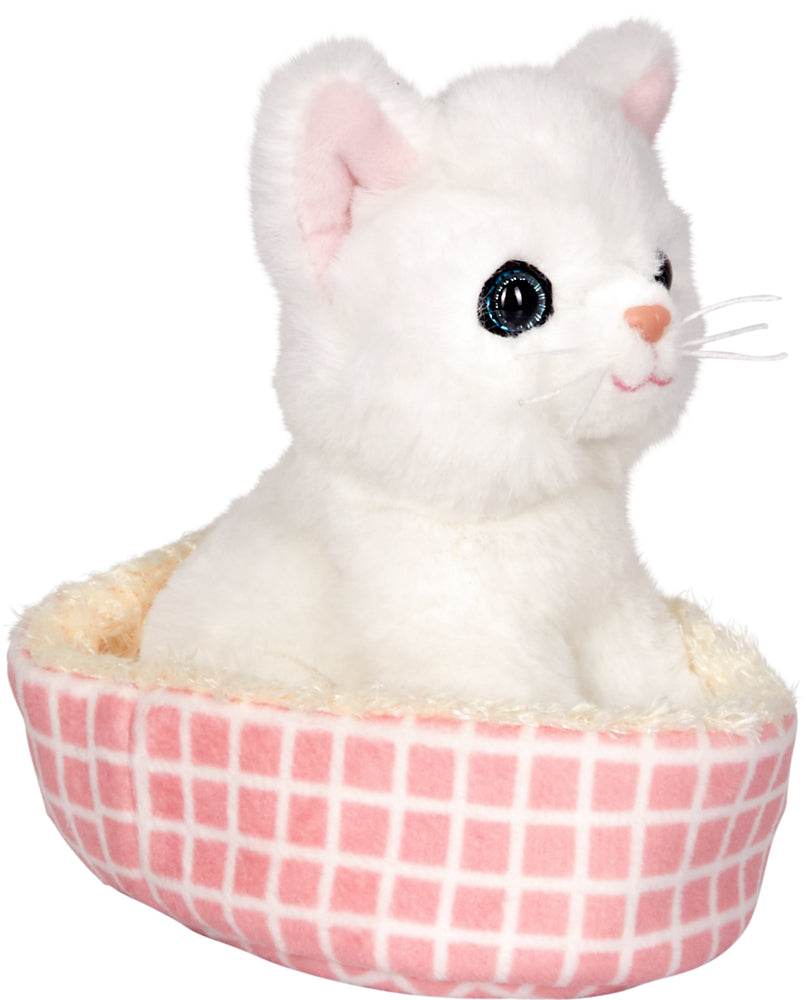 Katze Milli weißes Plüschkätzchen im rosa-karierten Korb kuschelig und liebevoll