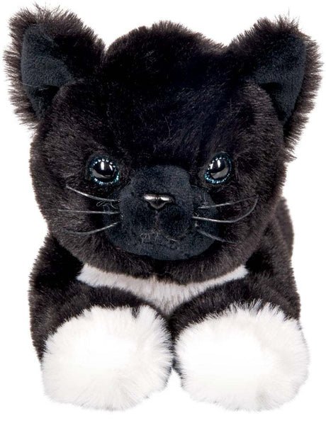 Liegender Kater Jack schwarzer Plüschkater mit weißen Pfötchen zum Kuscheln und Spielen