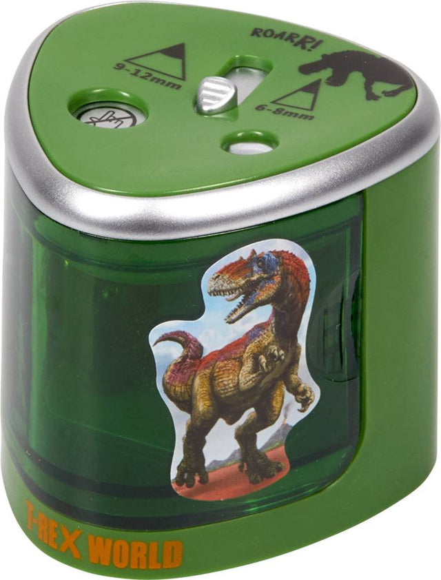 Elektrischer Dino-Anspitzer mit Dinosaurier-Motiv, automatisches Spitzen für 6-12 mm Stifte, Sicherheitsabdeckung und Auffangbehälter