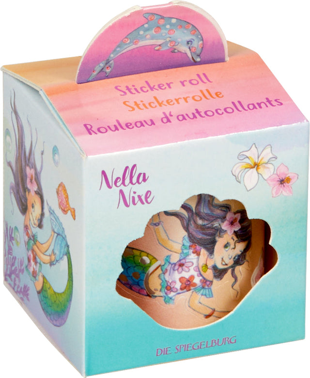 Stickerrolle Nella Nixe mit bunten, holografischen Meerjungfrauen-Stickern in kompakter Verpackung
