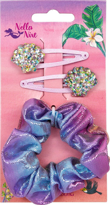 Haarschmuck-Set Nella Nixe mit funkelnden Muschel-Haarclips und glitzerndem Haargummi für Meerjungfrauen-Look