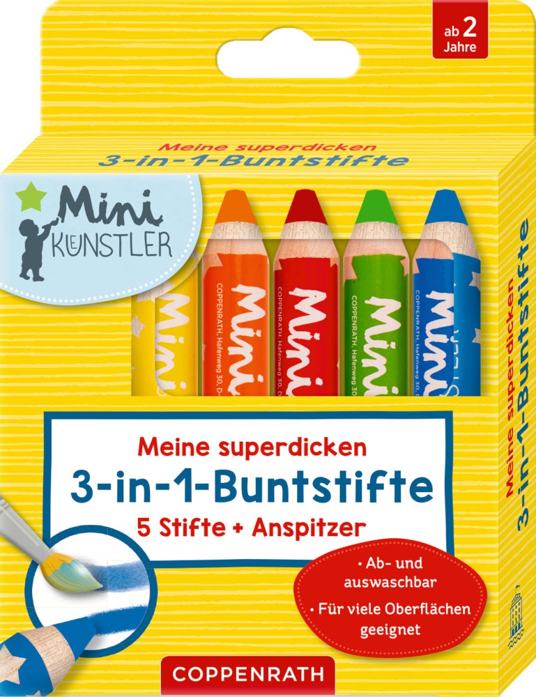 Fünf superdicken 3-in1-Buntstifte für Kleinkinder mit Anspitzer und leuchtenden Farben