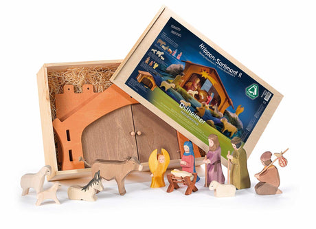 Krippen-Sortiment II handgefertigtes Ostheimer Holz-Krippenset mit Maria, Josef, Kind, Hirten, Tieren und Engel
